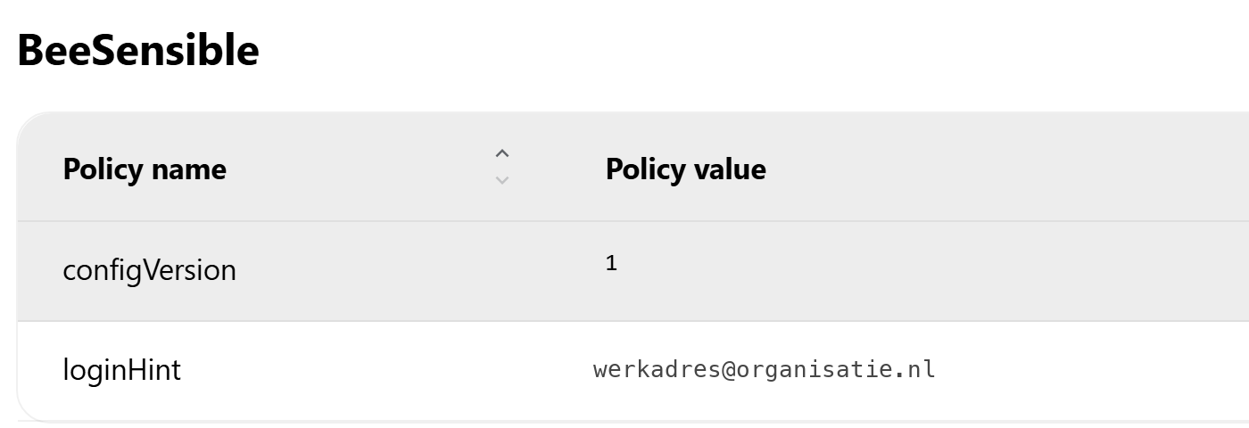 De sectie BeeSensible op chrome://policy met de regels configVersion, waarde 1, en loginHint, met het werkadres als waarde