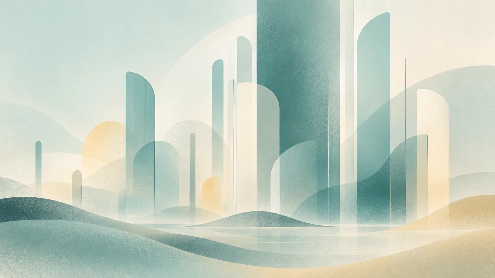 Abstract skyline in mist, teal and sand